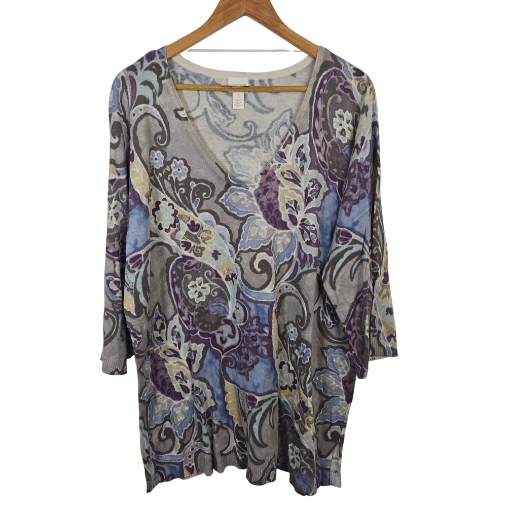 Chicos Paisley Floral V-Neck Tunic Sweater Gray Purple Blue Size 3 XL XXL